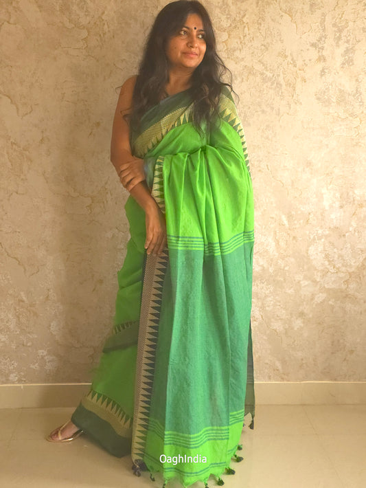 Popsicle : Beautiful Parrot Green khadi saree with temple border