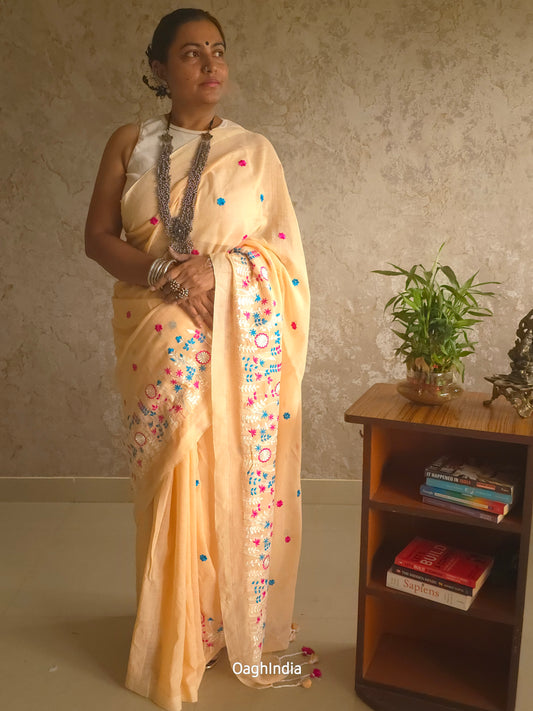 PhoolRani : Soft Khadi Cotton flower embroidery saree (Light Peach)