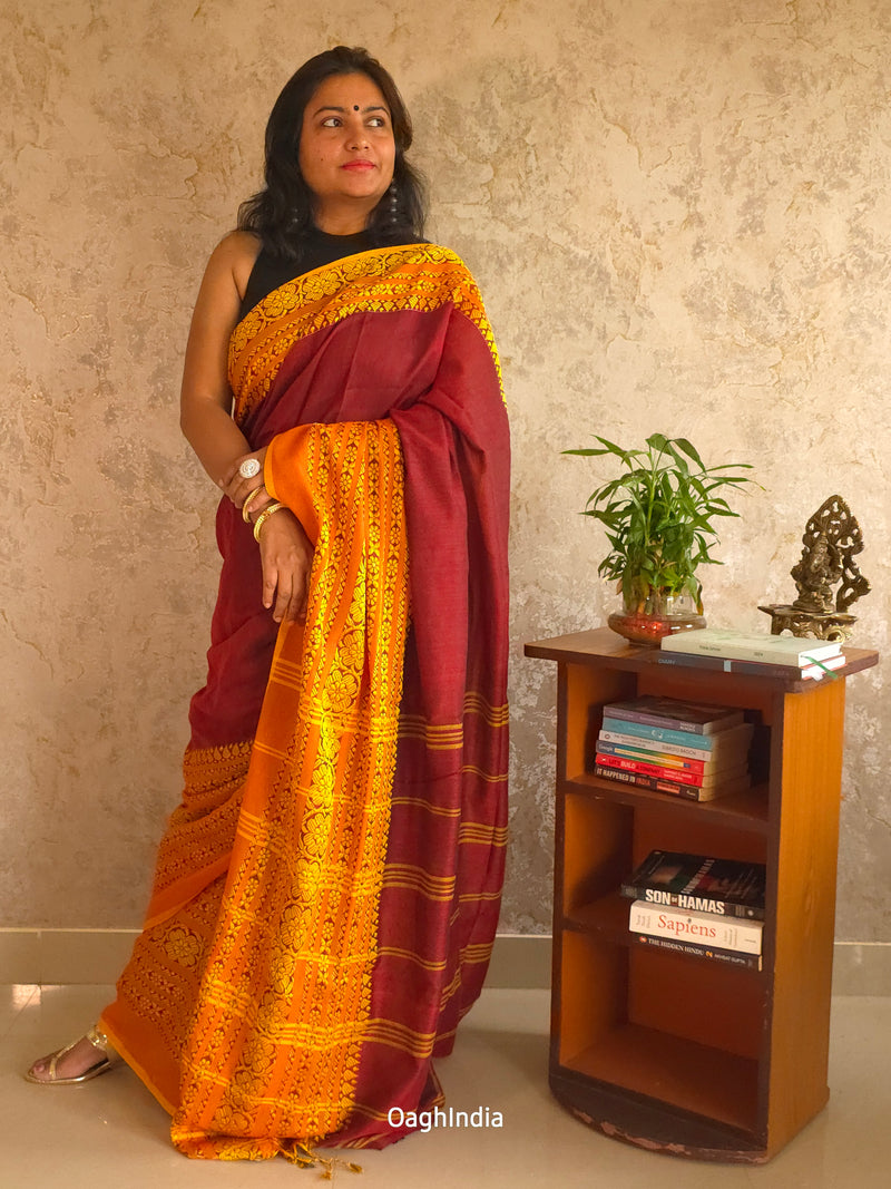 Mukta : Pure Handloom weaved borders Khadi Sarees(Maroon, Yellow)