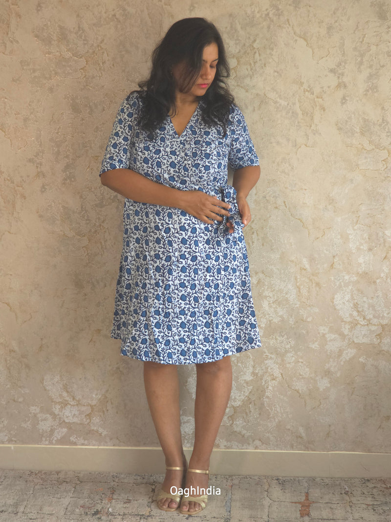 Indigo Blossom : Indigo/White Floral Wrap Dress