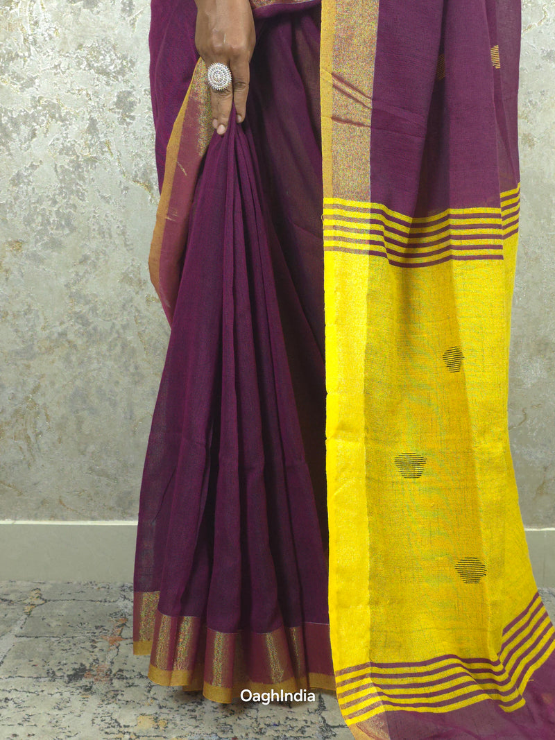 Candy : Beautiful handloom Maroon Khadi saree with Yellow Pallu