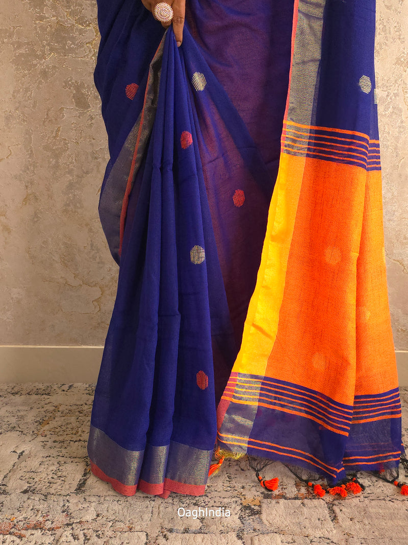 Candy : Beautiful Navy Blue Khadi saree with Orange Pallu and Embroidered balls