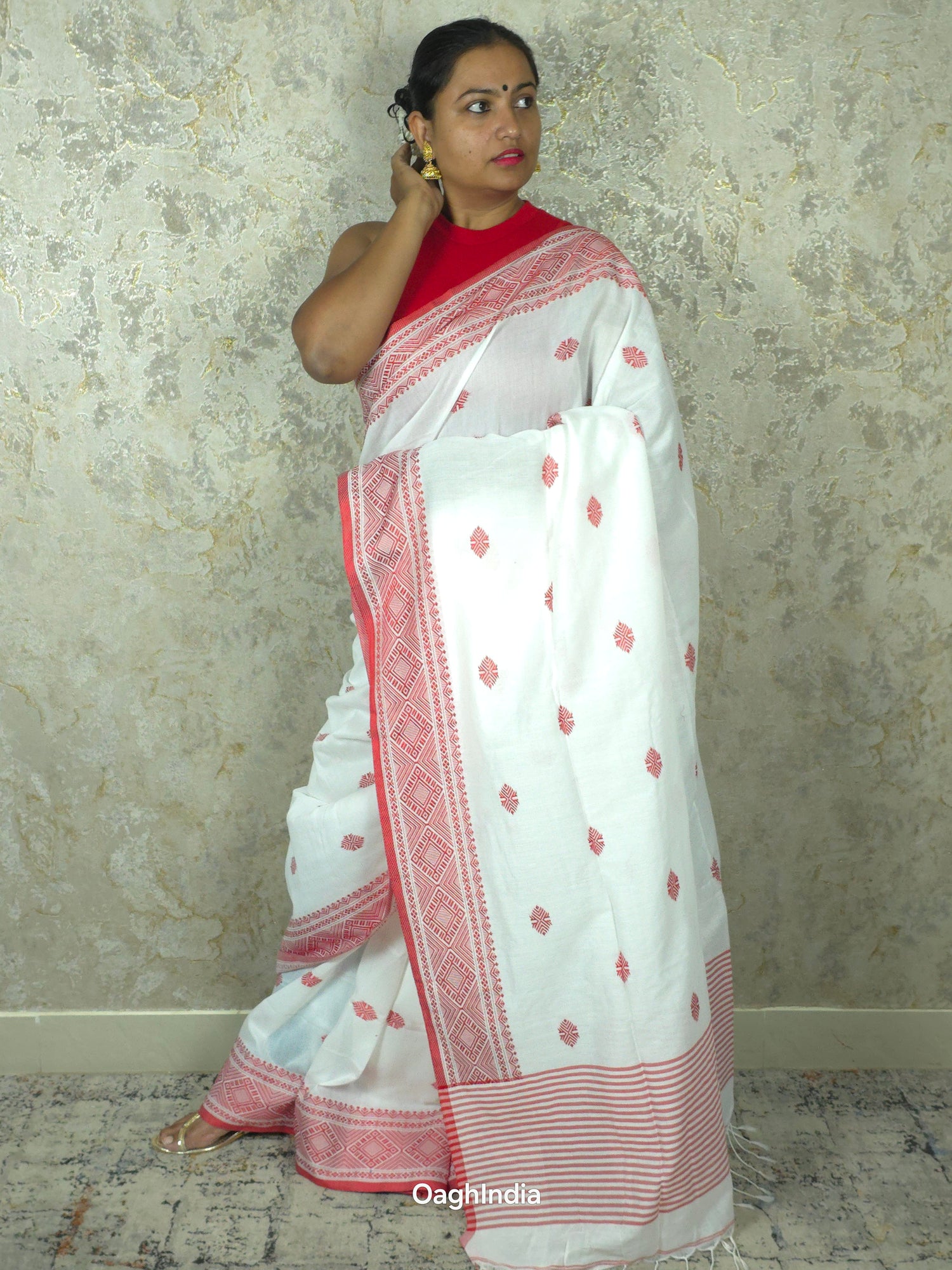 Red White Cotton Saree