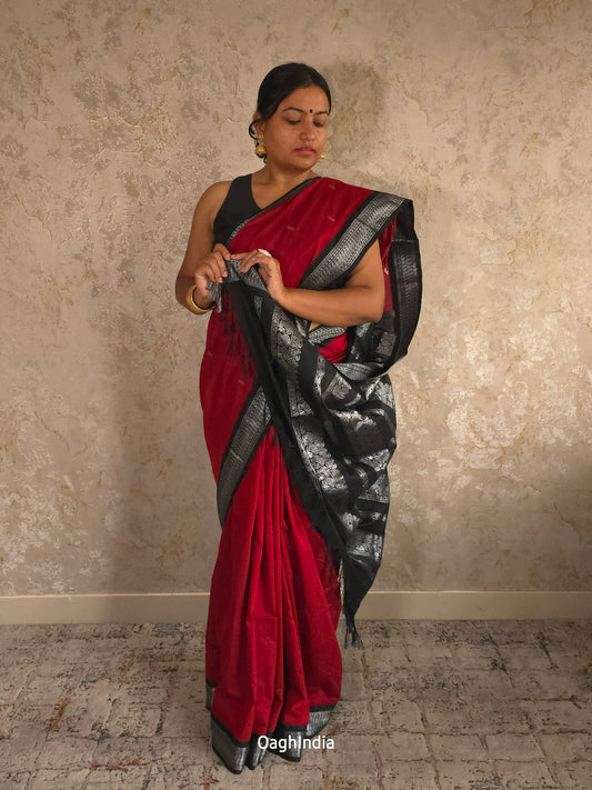 Utsav : Festive Cotton Silk Contrast Saree with Zari Border(Maroon,Black)