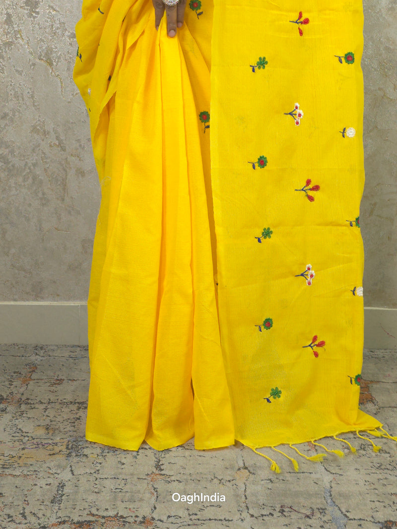 PhoolRani : Soft Khadi Cotton flower embroidery saree (Sunflower Yellow)