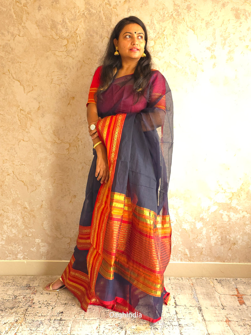 Tamhini: Pure kota doria cotton sarees with exquisite zari chit border ( Dark Blue )