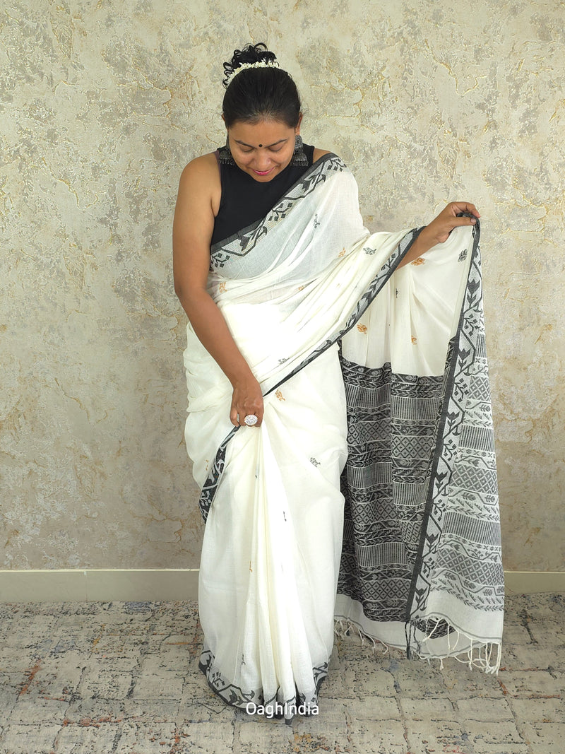 Lata : Phulia Cotton Jamdani Weaving Handloom (Snow White)