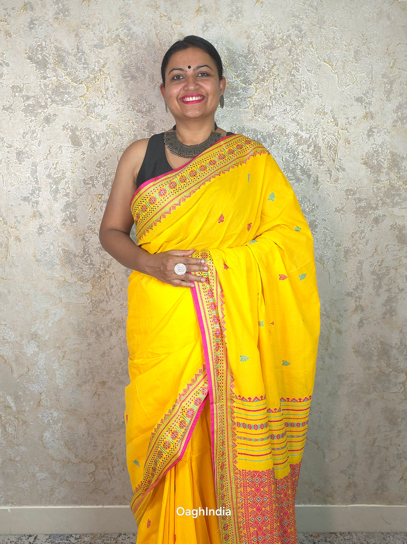 Lata : Phulia Cotton Mekhla Weaving Handloom  (Yellow, Pink)