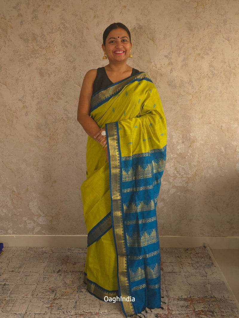 Utsav : Festive Cotton Silk Contrast Saree with Zari Border(Lime Green, Blue)