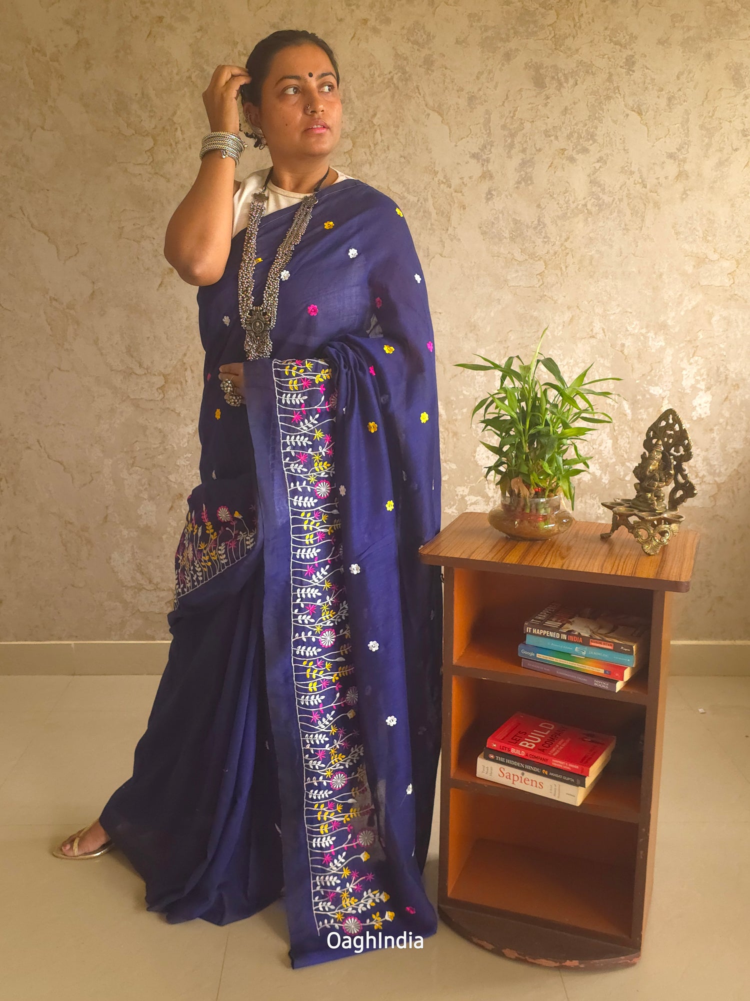 PhoolRani : Soft Khadi Cotton flower embroidery saree (Navy Blue)