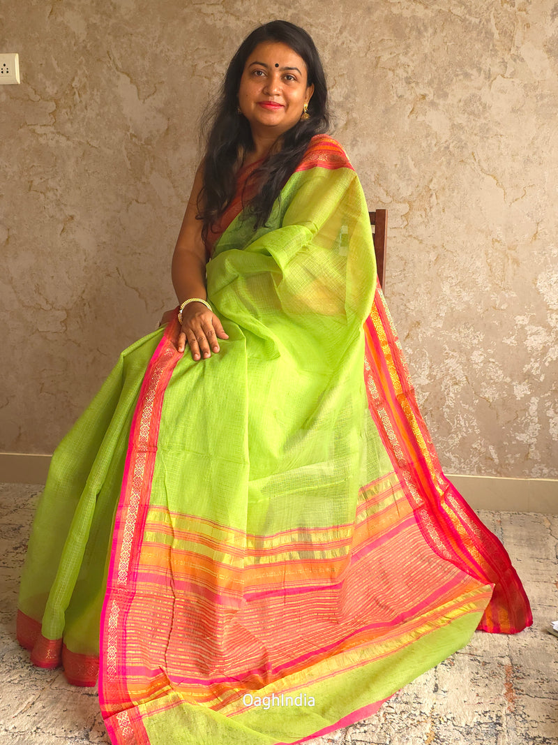 Tamhini: Pure kota doria cotton sarees with exquisite zari chit border ( Parrot Green )