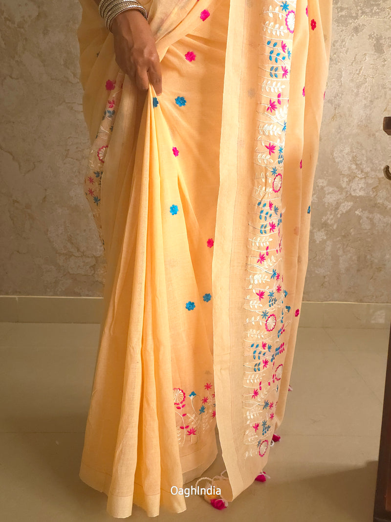 PhoolRani : Soft Khadi Cotton flower embroidery saree (Light Peach)