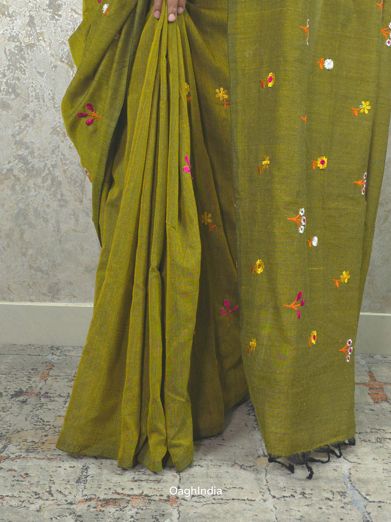 PhoolRani : Soft Khadi Cotton flower embroidery saree (Musturd Green)