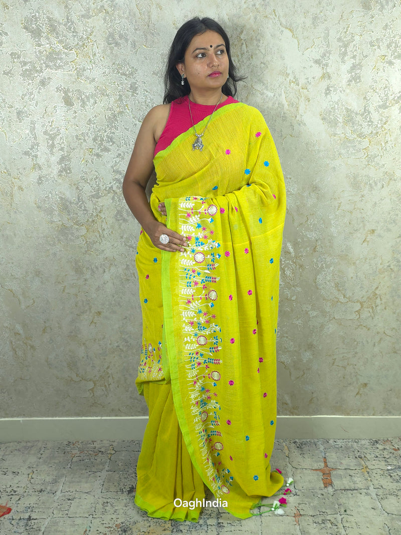 PhoolRani : Soft Khadi Cotton flower embroidery saree (Lime Yellow)