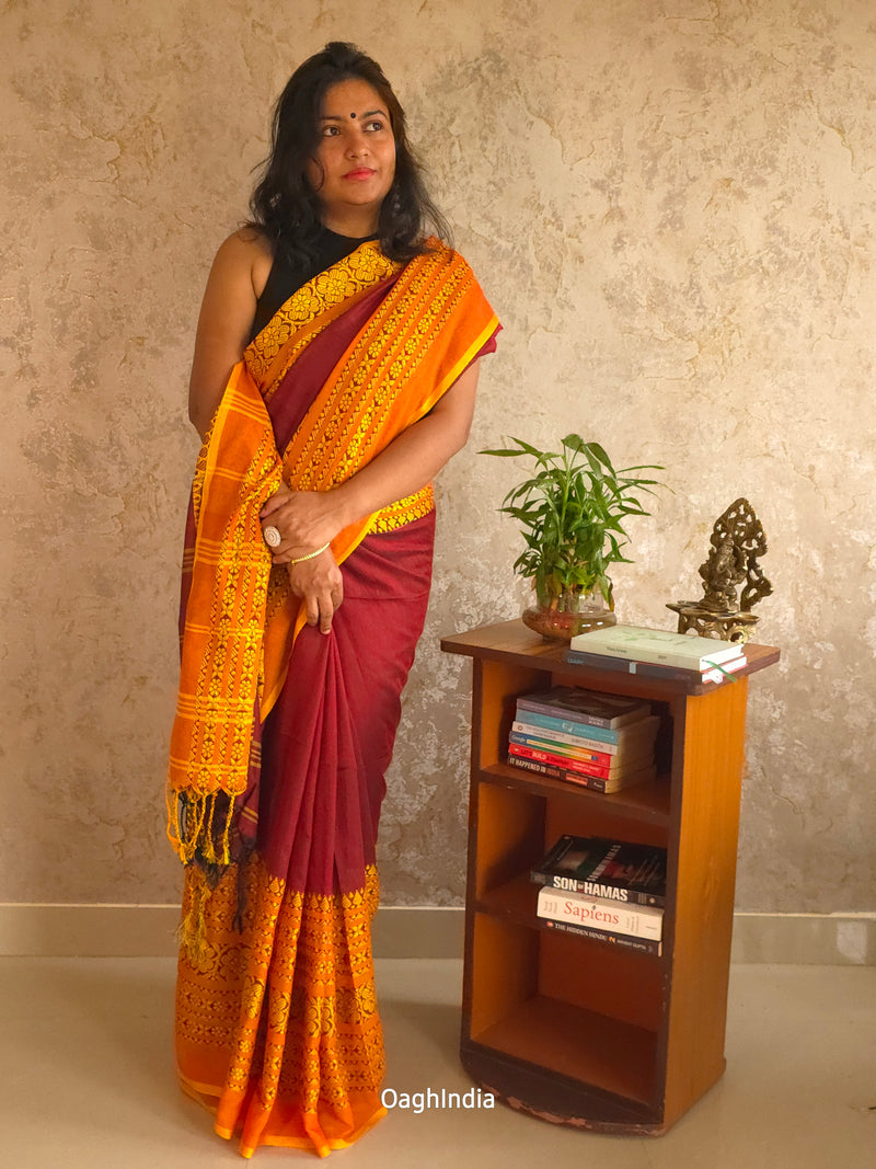 Mukta : Pure Handloom weaved borders Khadi Sarees(Maroon, Yellow)