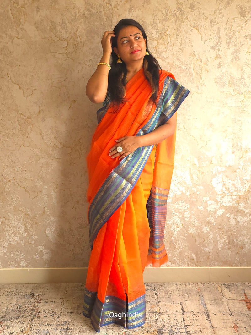 Tamhini: Pure kota doria cotton sarees with exquisite zari chit border ( Fire Orange )