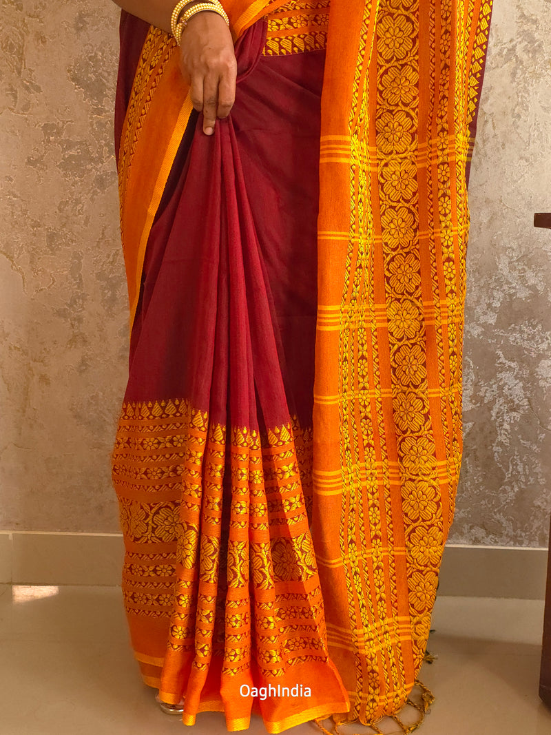 Mukta : Pure Handloom weaved borders Khadi Sarees(Maroon, Yellow)