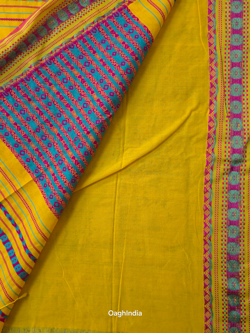 Lata : Phulia Cotton Mekhla Weaving Handloom  (Yellow, Pink)