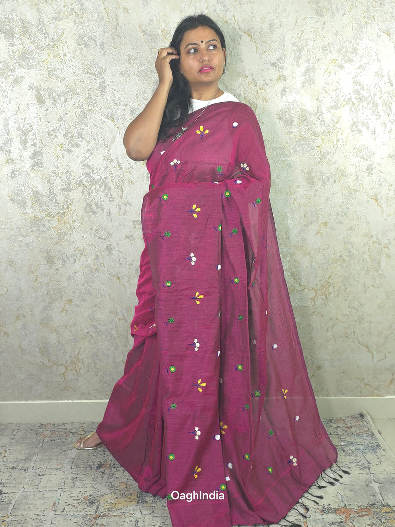 PhoolRani : Soft Khadi Cotton flower embroidery saree (Mulberry Magenta)