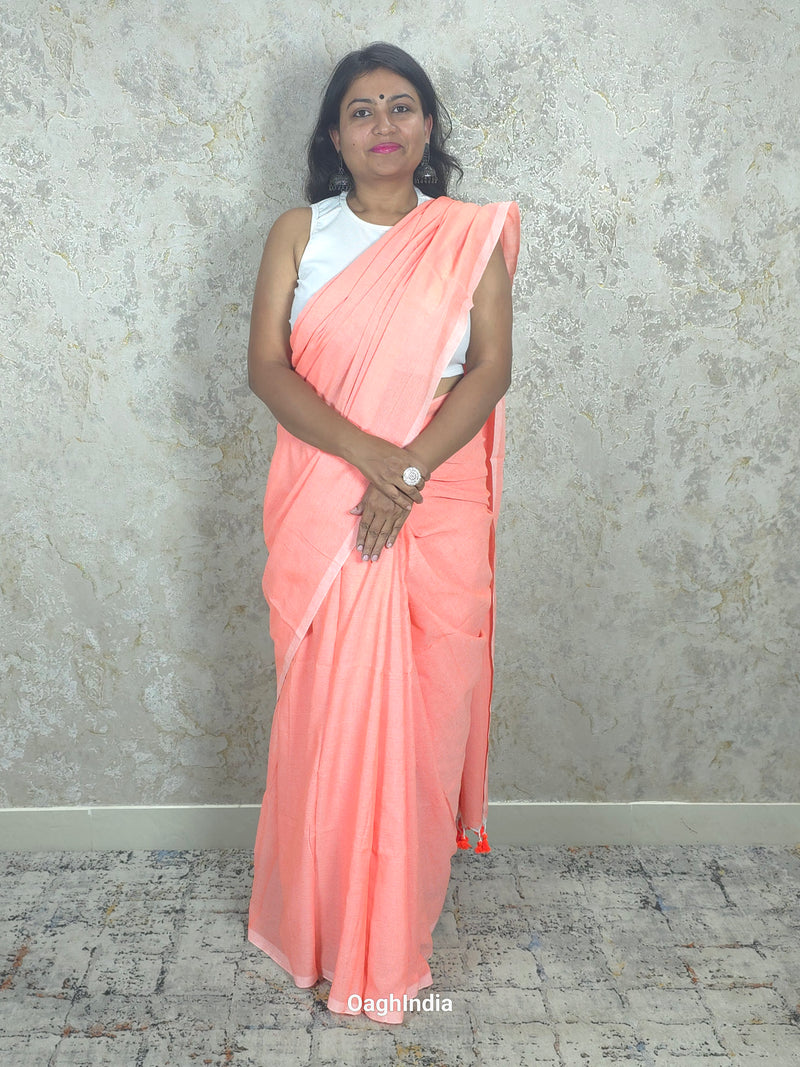 Sadagi: Coral Peach Pink Soft Khadi Saree