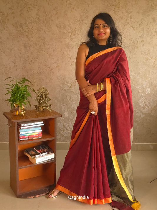 Popsicle : Beautiful Maroon khadi saree with zari border and zari pallu