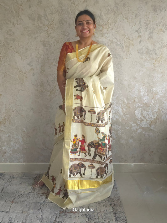 Kasavu : Onam Special Kerala Kasavu Saree with Dwarpal and Elephant Print