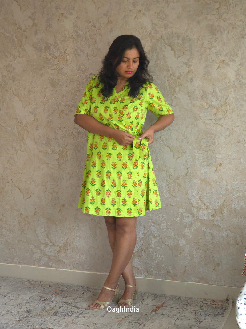 Neon Flair : Floral Wrap Dress(Neon Green)