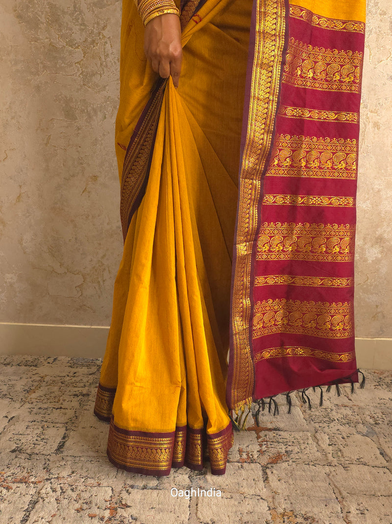 Utsav : Festive Cotton Silk Contrast Saree with Zari Border(Musturd, Brown)