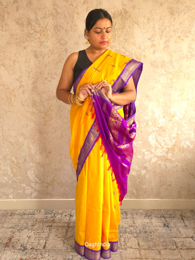 Utsav : Festive Cotton Silk Contrast Saree with Zari Border(Yellow, Purple)