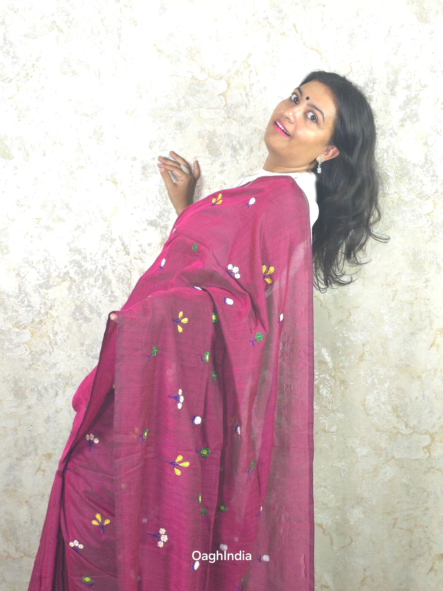 PhoolRani : Soft Khadi Cotton flower embroidery saree (Mulberry Magenta)