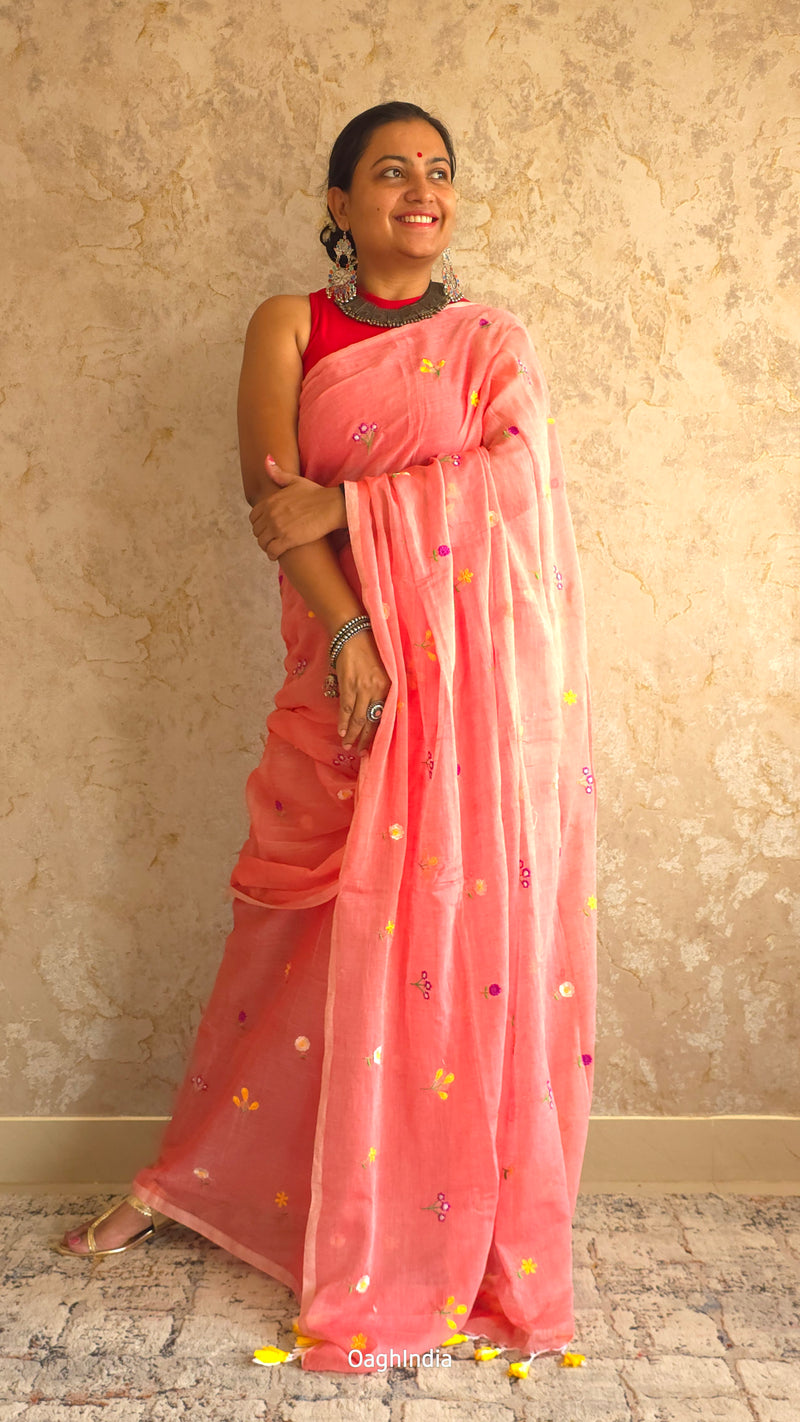 PhoolRani : Soft mulcotton flower embroidery saree (Pink)