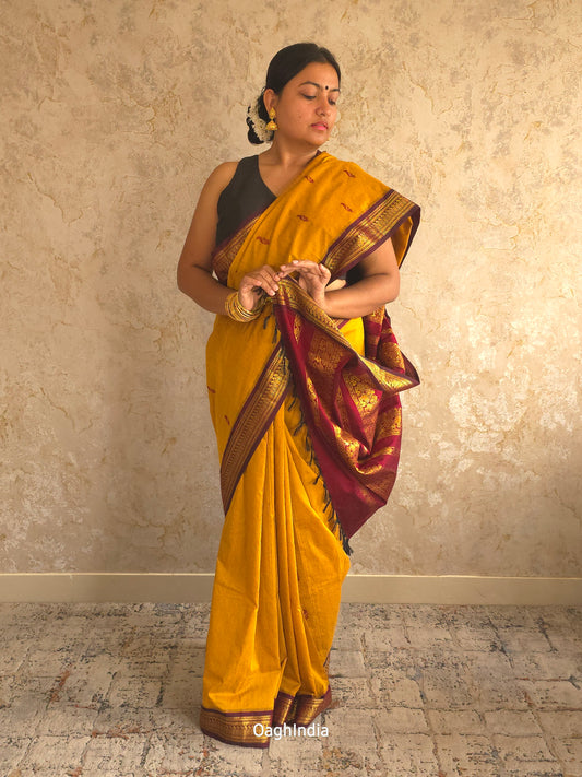 Utsav : Festive Cotton Silk Contrast Saree with Zari Border(Musturd, Brown)