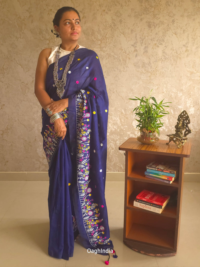 PhoolRani : Soft Khadi Cotton flower embroidery saree (Navy Blue)