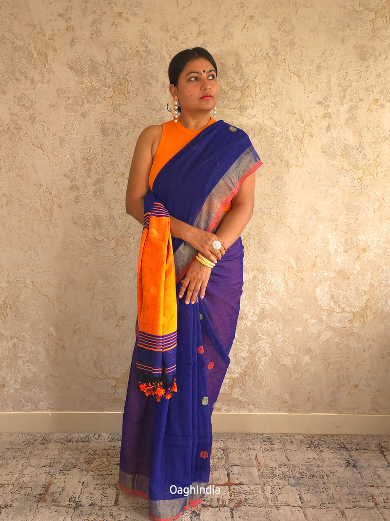 Candy : Beautiful Navy Blue Khadi saree with Orange Pallu and Embroidered balls