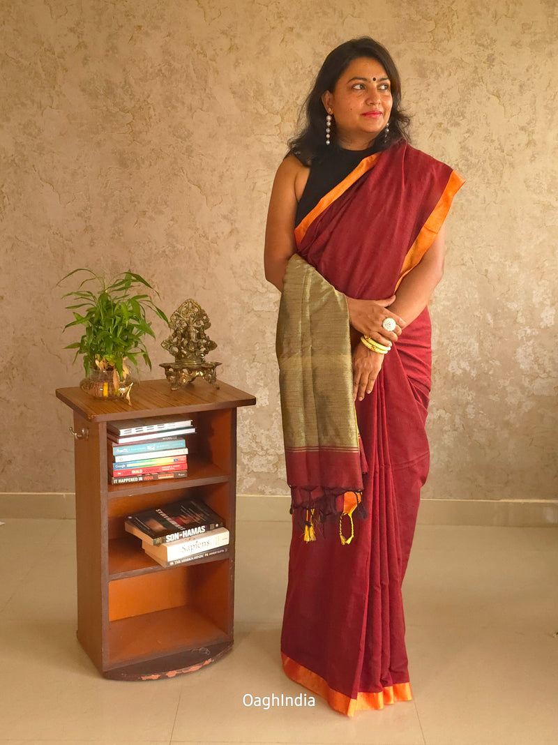 Popsicle : Beautiful Maroon khadi saree with zari border and zari pallu