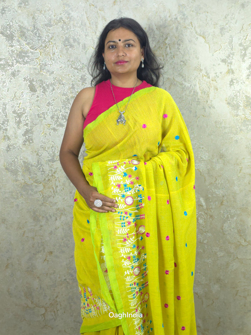 PhoolRani : Soft Khadi Cotton flower embroidery saree (Lime Yellow)