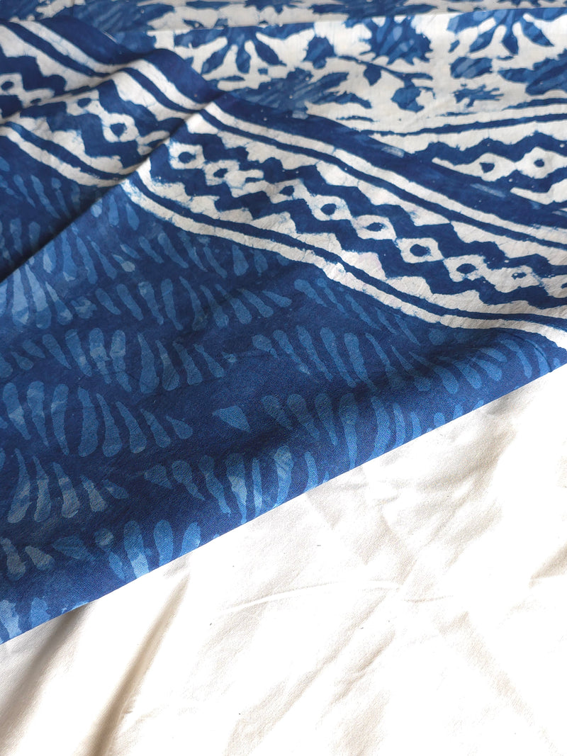 Bosslady - Leaf print White/Indigo Chanderi Cotton Saree