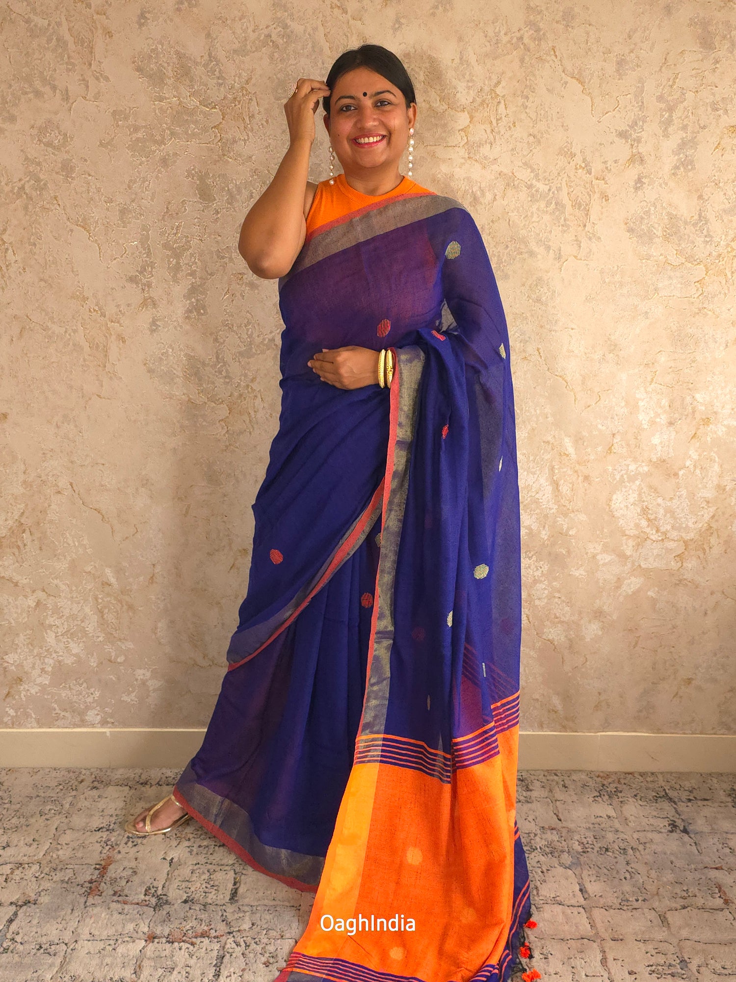 Candy : Beautiful Navy Blue Khadi saree with Orange Pallu and Embroidered balls