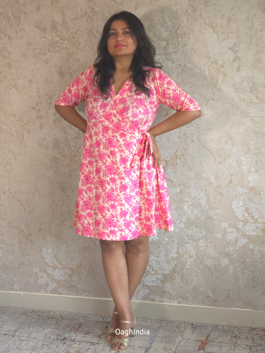 Saanvi Bloom : Floral Wrap Dress(Pink, White)