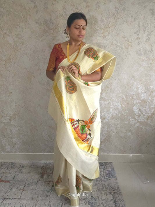 Kasavu : Onam Special Kerala Kasavu Saree with Kathakali Print(Dispatch 9th Sep)