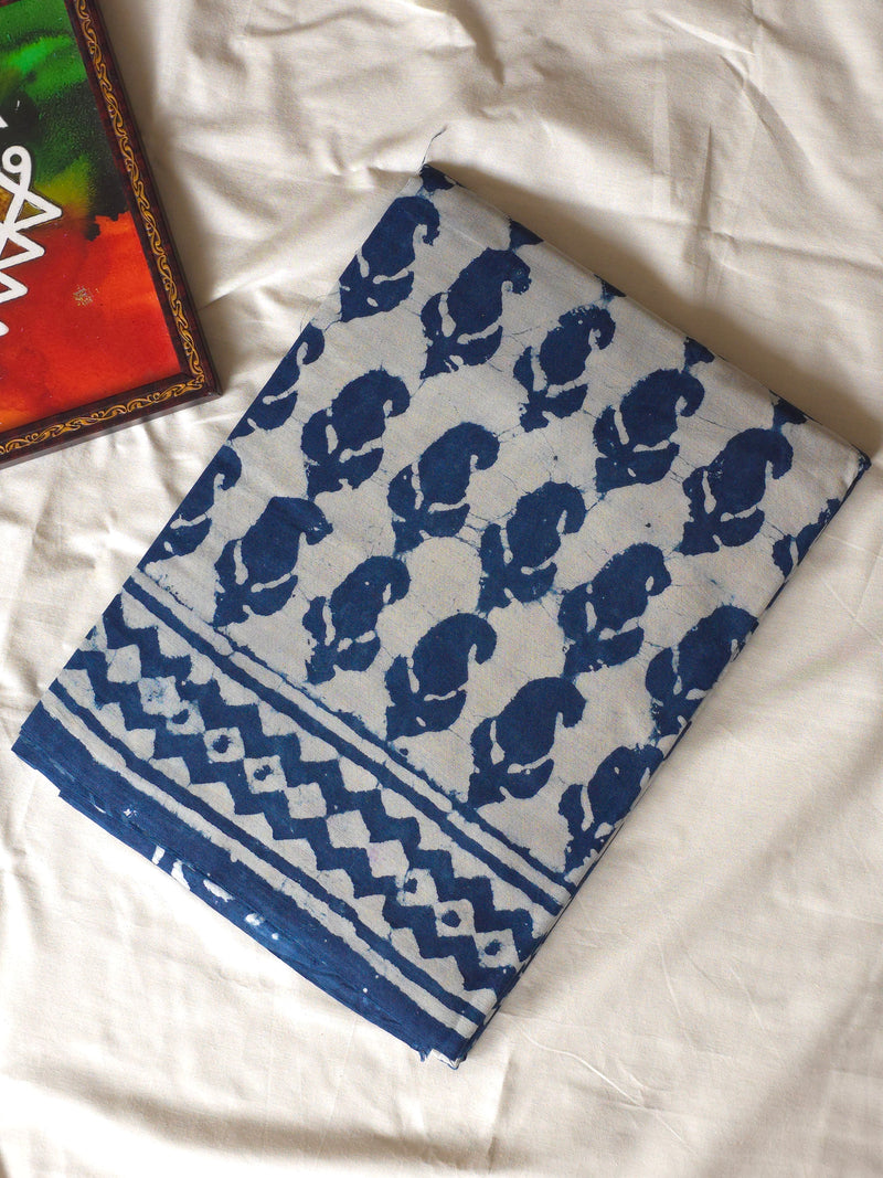 Bosslady - Leaf print White/Indigo Chanderi Cotton Saree
