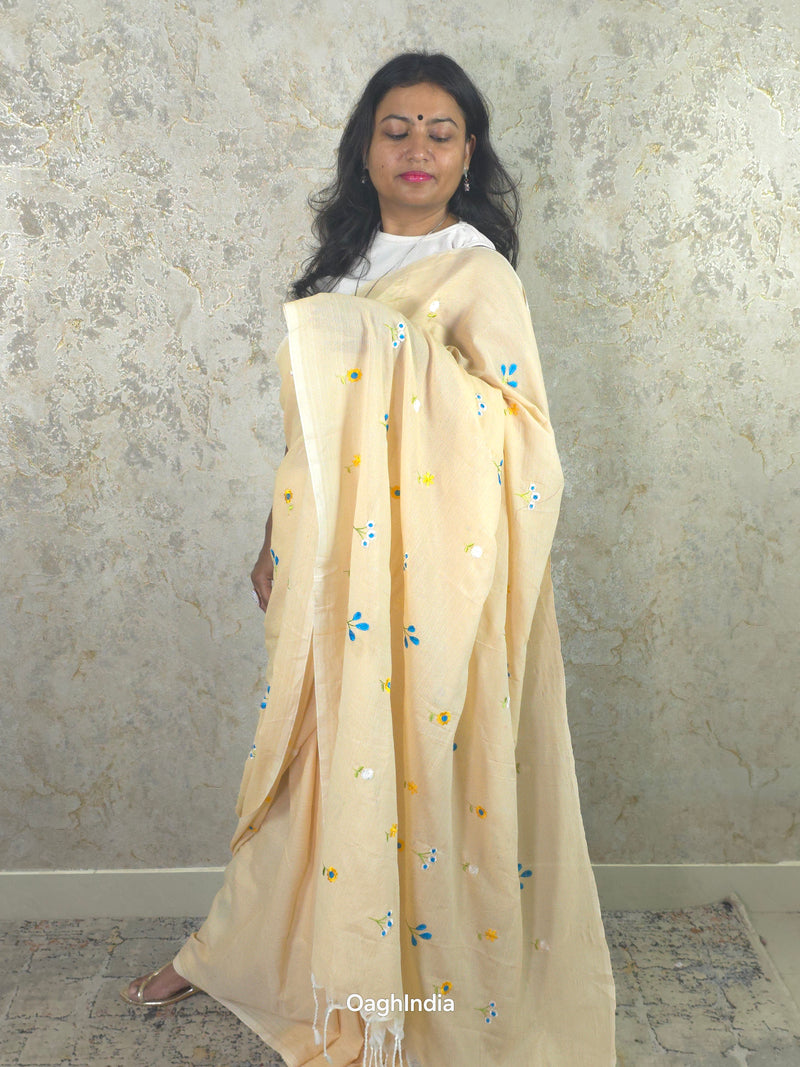 PhoolRani : Soft Khadi Cotton flower embroidery saree (Ivory Biege)