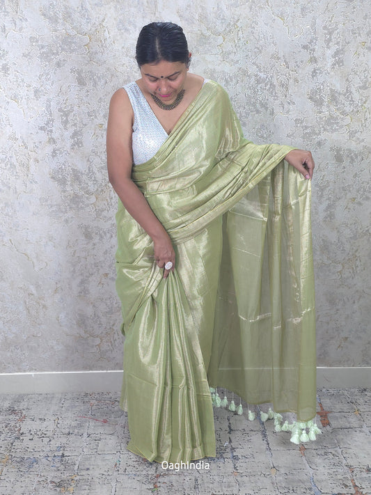 Mint Green Handloom Tissue Saree (With Big Tassels)