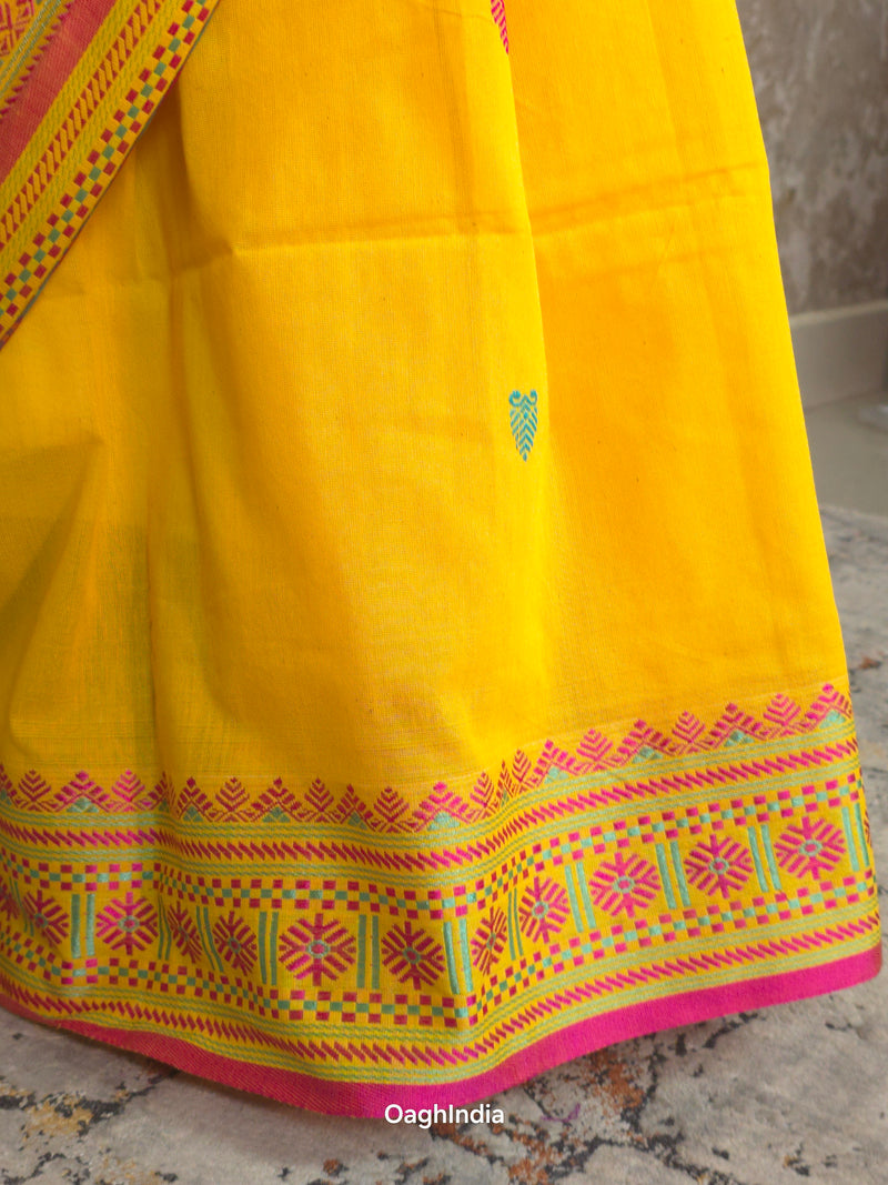 Lata : Phulia Cotton Mekhla Weaving Handloom  (Yellow, Pink)