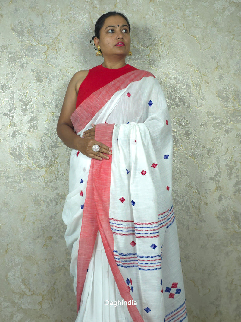 Red White Bhujori Handloom Saree