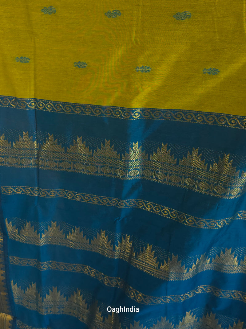 Utsav : Festive Cotton Silk Contrast Saree with Zari Border(Lime Green, Blue)