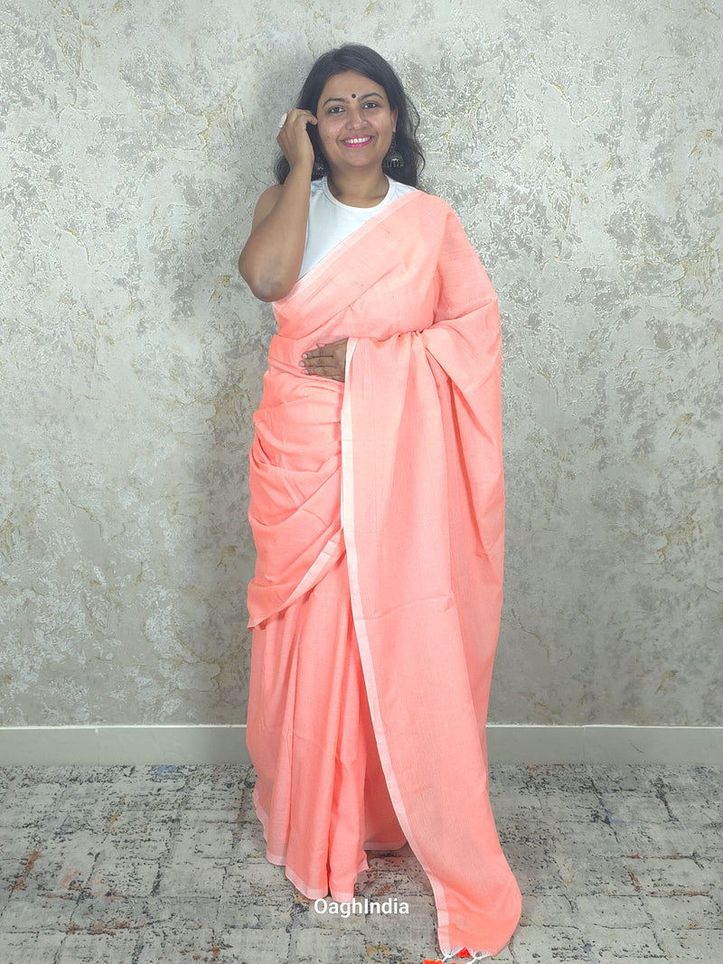 Sadagi: Coral Peach Pink Soft Khadi Saree