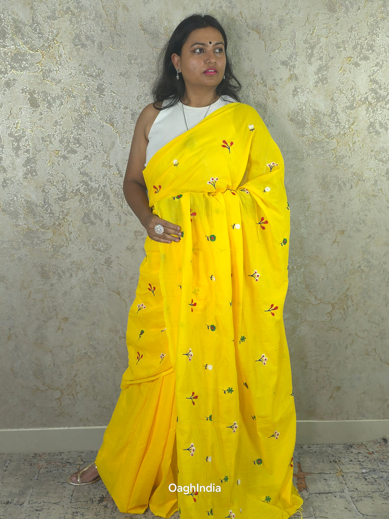 PhoolRani : Soft Khadi Cotton flower embroidery saree (Sunflower Yellow)