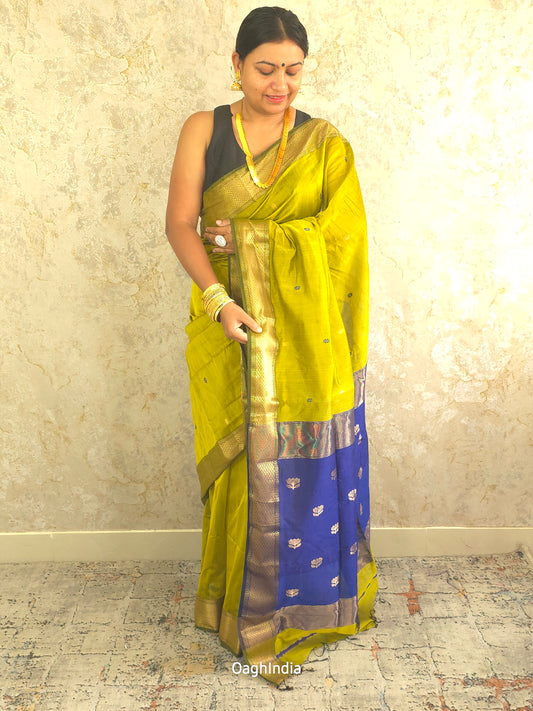 Weaves of Maheshwar : Pure Maheshwari Handloom Saree Dual Colour(Slime Green, Blue)