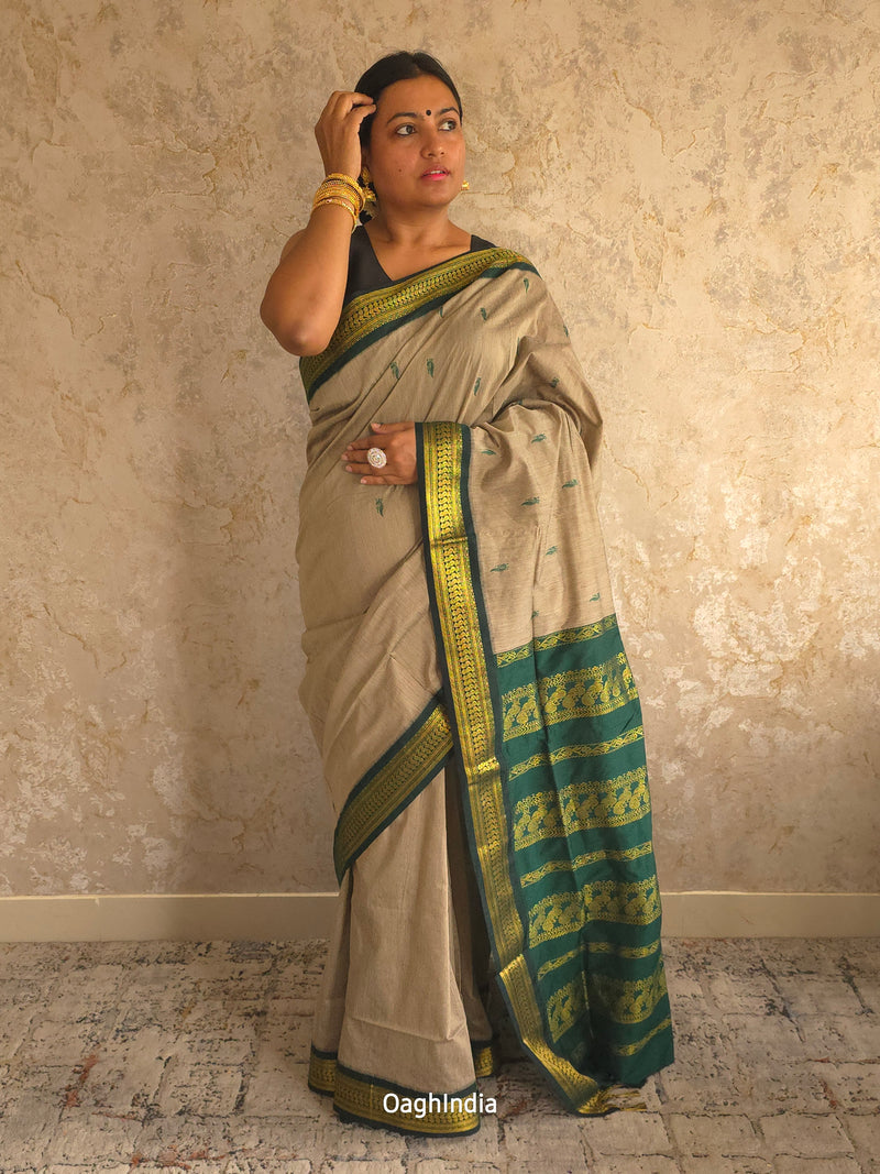 Utsav : Festive Cotton Silk Contrast Saree with Zari Border(Grey, Green)